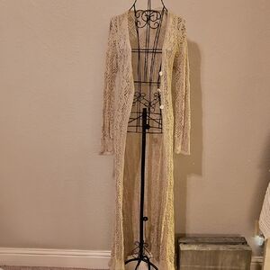 SHEIN Cream Long Lace Cardigan